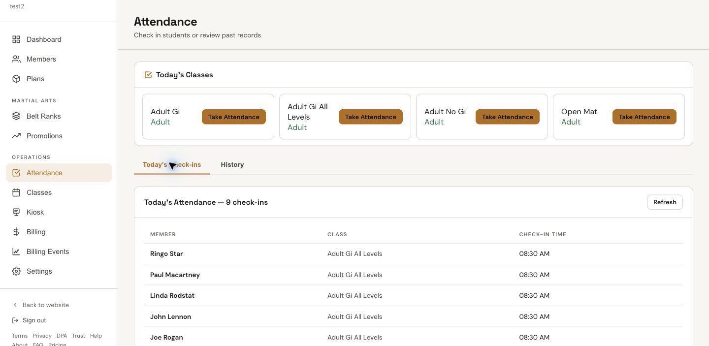 Attendance page showing today's classes and check-ins