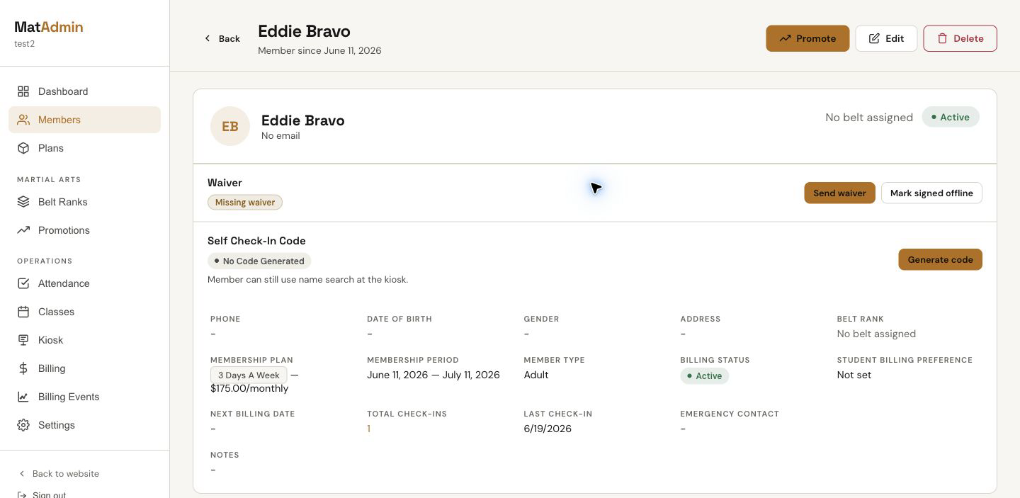 Student profile showing total check-ins and last check-in