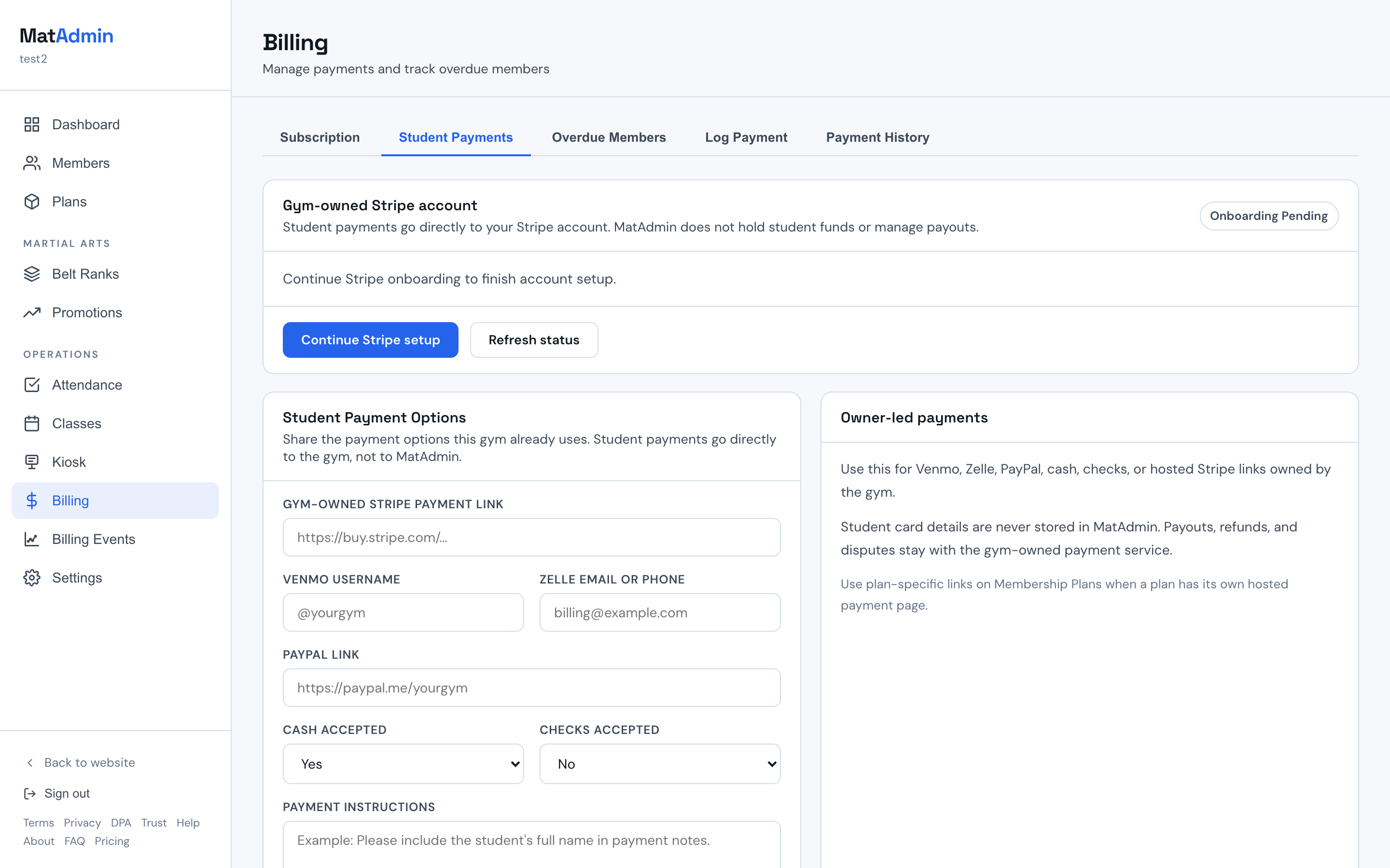Student Payment Options con la tarjeta Gym-owned Stripe account y estado Onboarding Pending