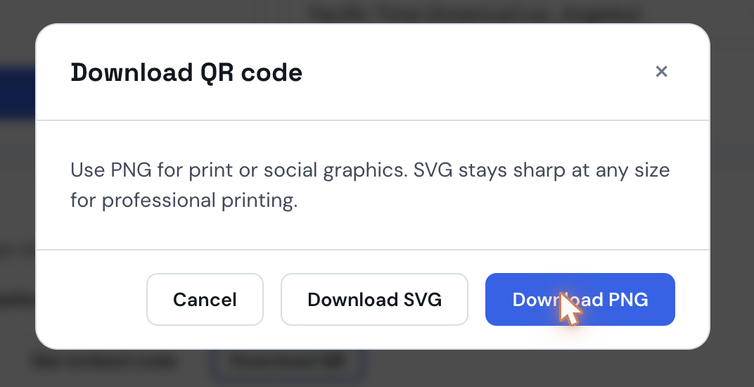 Download QR code modal showing PNG and SVG download choices
