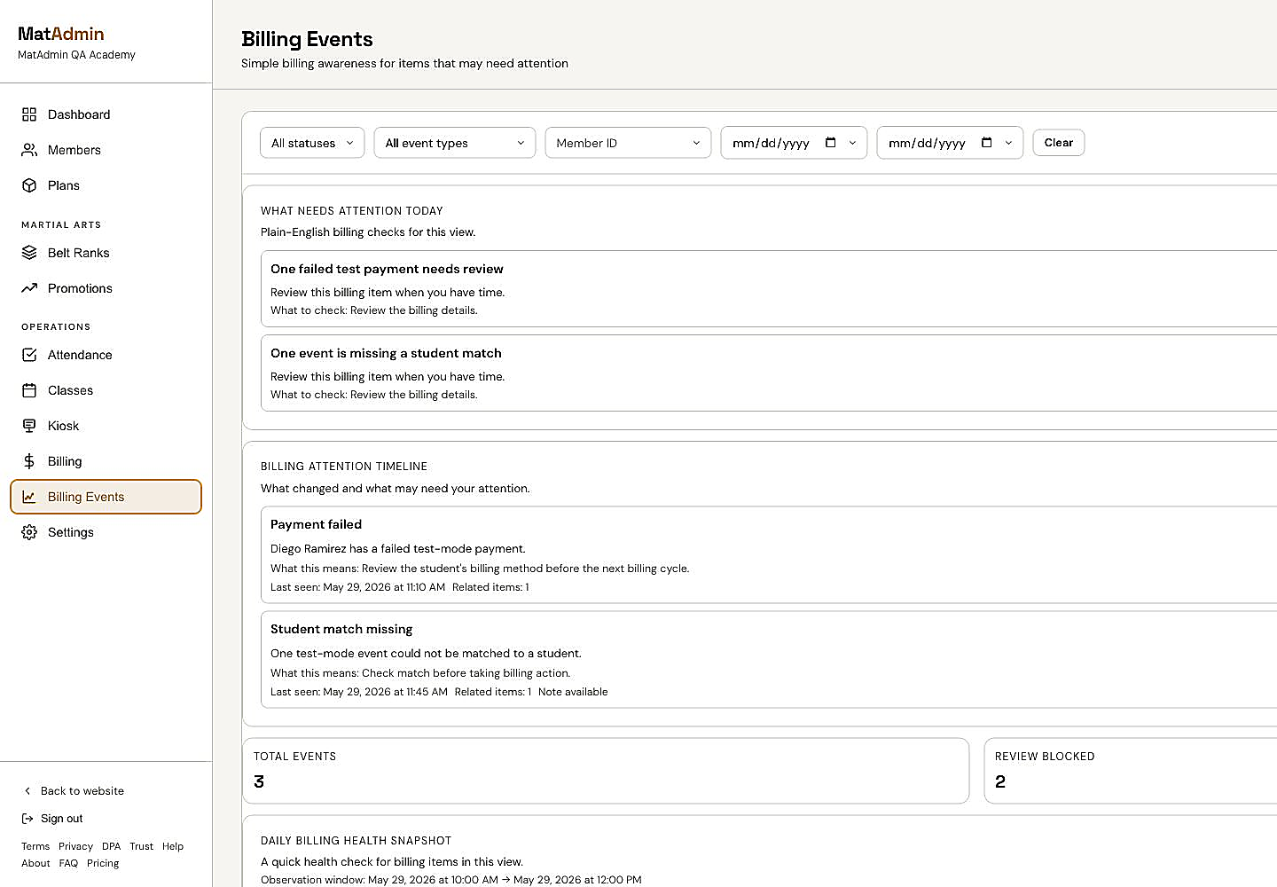 MatAdmin billing events timeline with test-mode billing attention items
