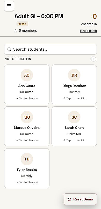MatAdmin mobile attendance screen