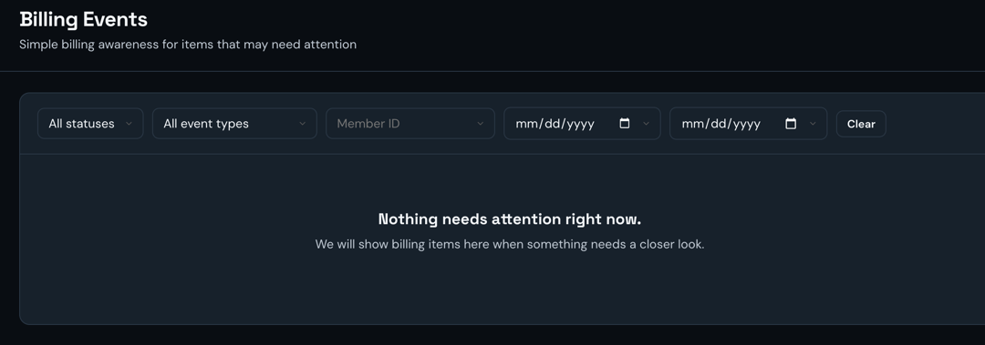 Billing events view showing nothing needs attention right now