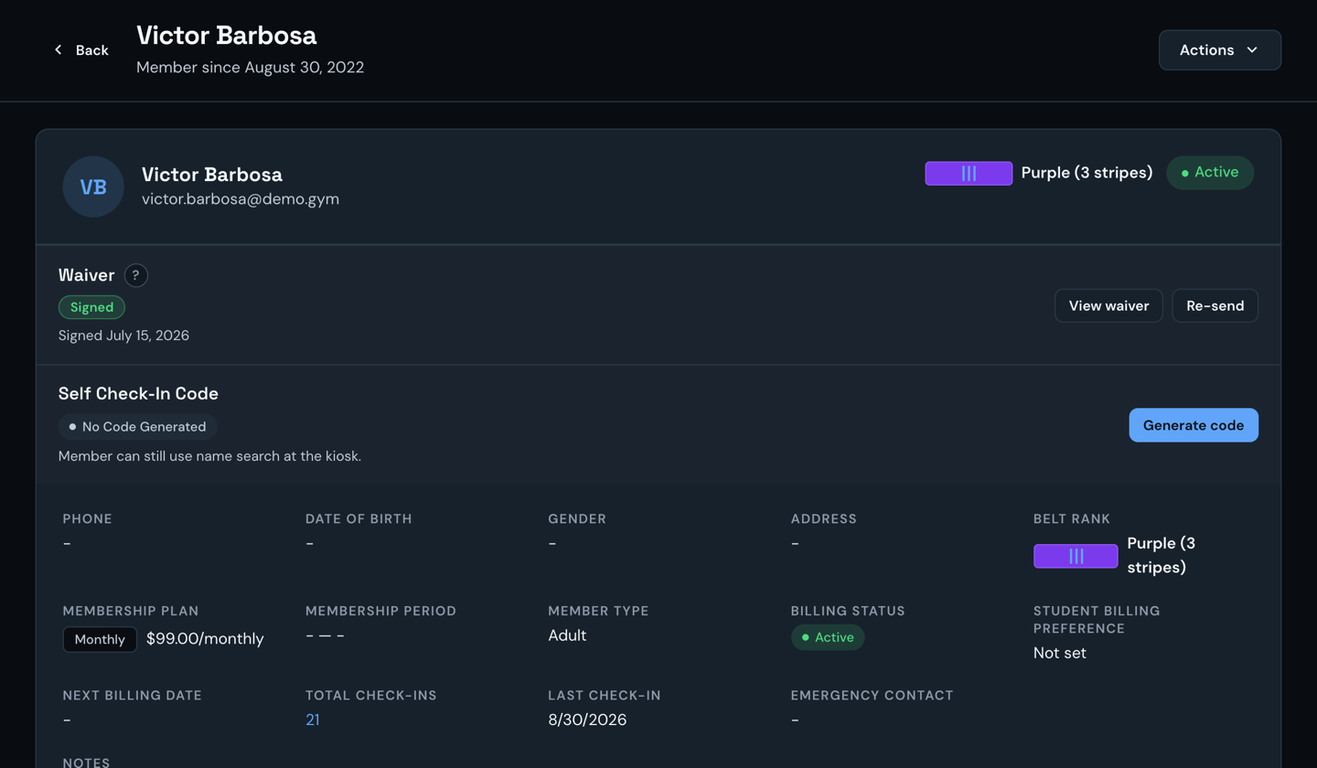 Member profile with belt, attendance, and billing context