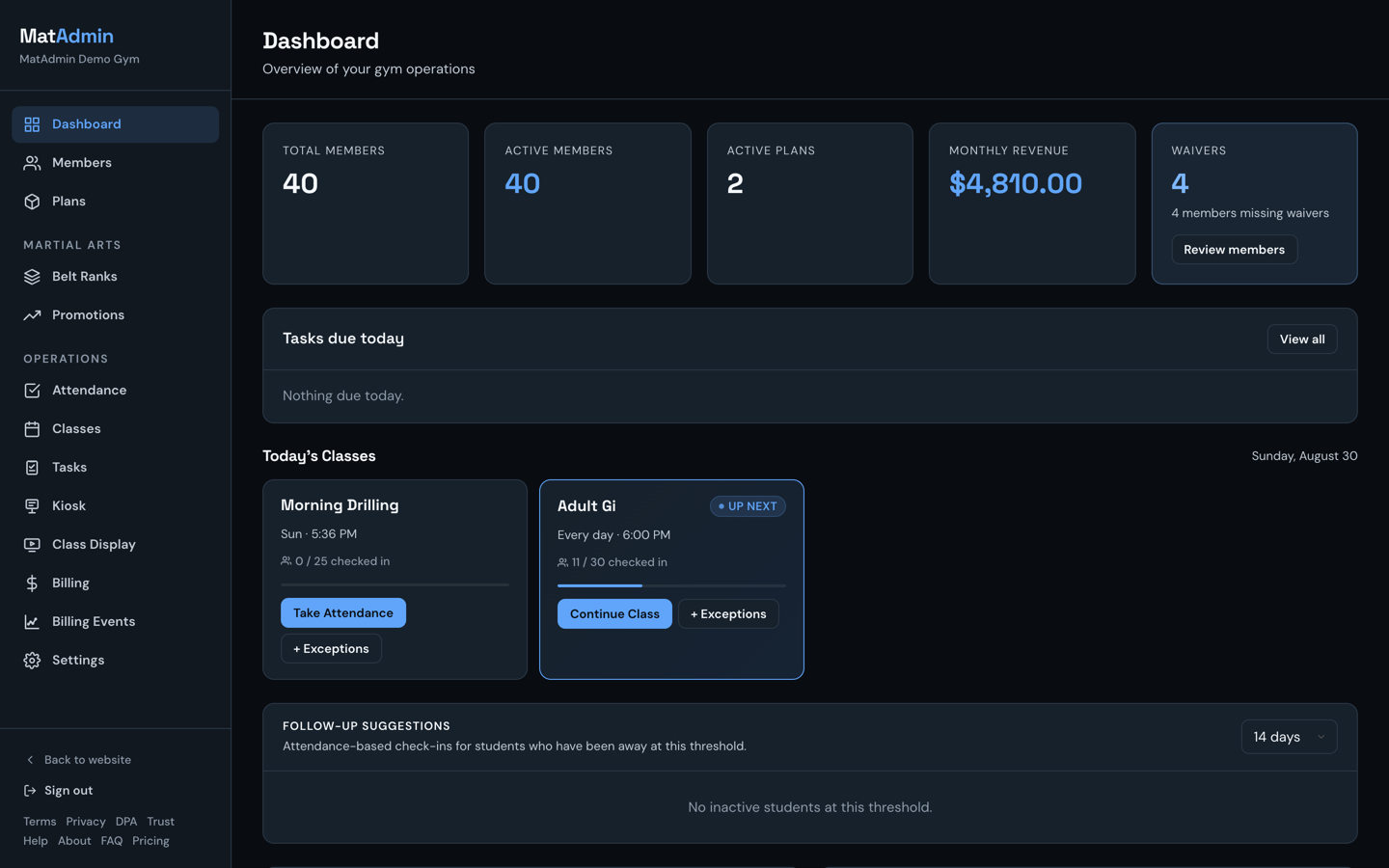 MatAdmin dashboard with academy operations overview